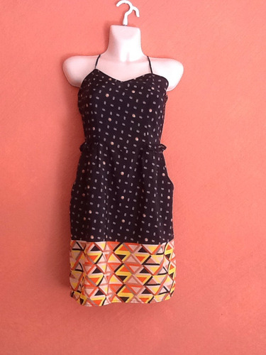 Vestido Fresco Negro Con Naranja Con Bolsitas Talla M