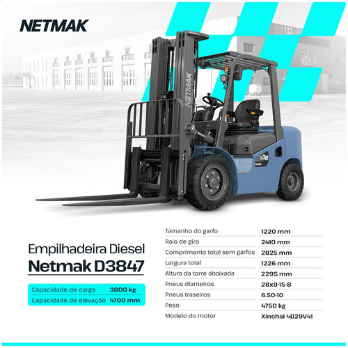 Empilhadeira Diesel Netmak D3847 3,8 Ton Torre Triplex 4,7m