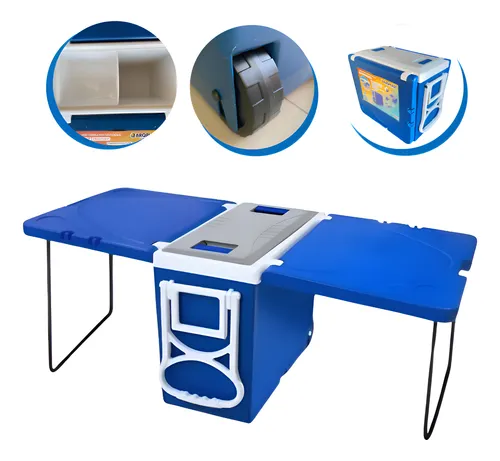 Caixa Térmica Cooler 32l Multifuncional 3 Em 1 Rodinha/mesa Azul