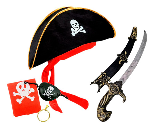 Disfraz Pirata Sombrero + Parche Arete + Espada Corta Daga