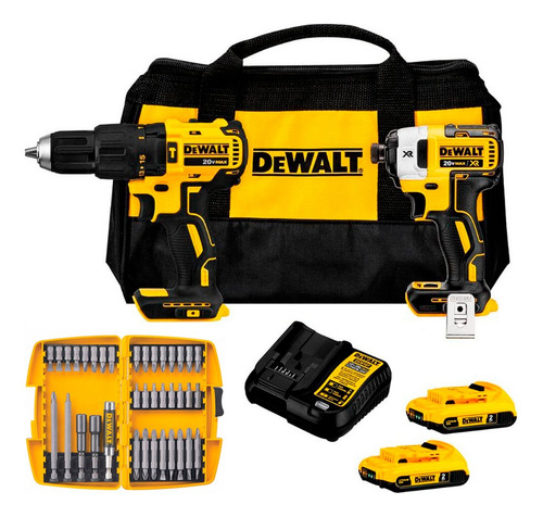 Taladro 1/2 + Atornillador Impacto 1/4 20v + Set 18 Dewalt Color Amarillo