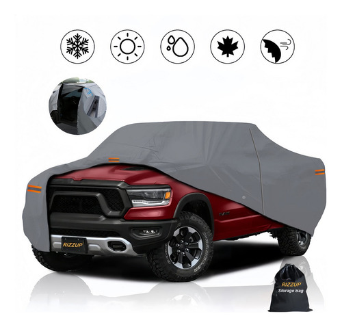 Rizzup® 5.5m Funda Para Pickup 100% Impermeable Cubiertas Para Autos Coche Protector Automovil Vehiculos Accesorios Gris Oscuro 4 Tiras Reflectantes Incluye Cremallera Lateral