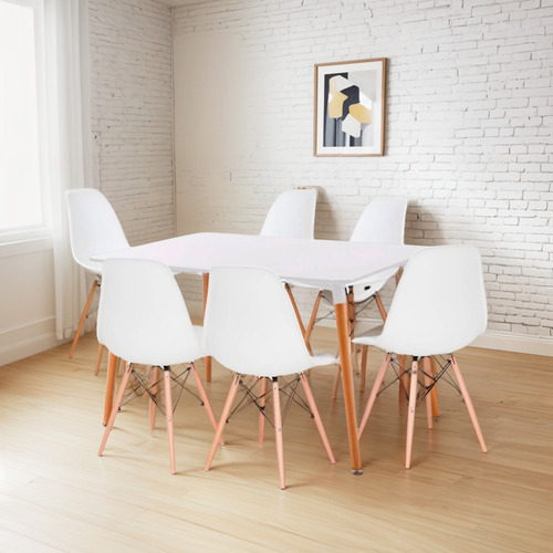 Comedor Mesa De 120x80 Rectangular Blanca + 6 Sillas Eames -