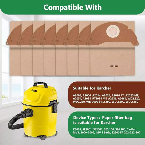 5 Bolsas Filtro Papel Aspiradora Para Karcher Wd2 Mv2 A2004