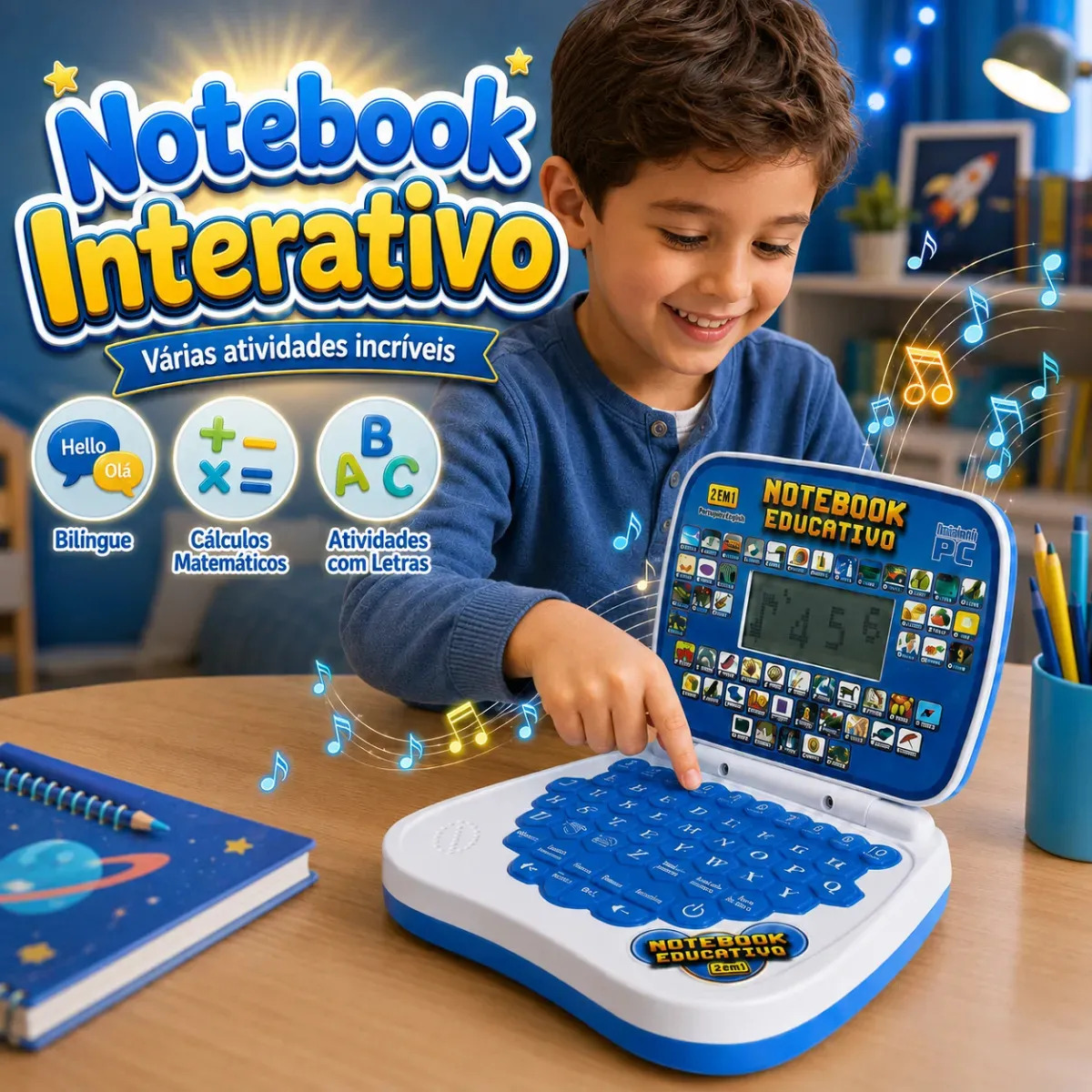 Notebook Infantil Bilíngue Flow Dimension, para Crianças com Jogos e Música