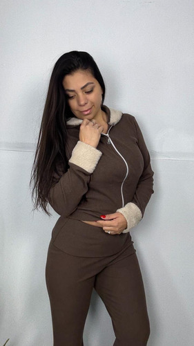Conjunto Morley Frizado Campera + Pantalón Palazzo Peluche Marrón L