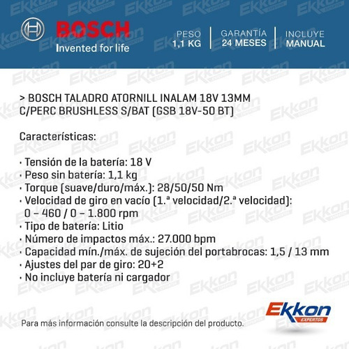 Imagen 2 de 8 de Taladro Bosch Inalambrico Percutor S/carb Gsb 18v 50 S/bat
