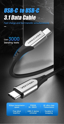 Imagen 6 de 7 de Cable Usb-c 3.1 Macho-macho Marca Vention 1 Metro