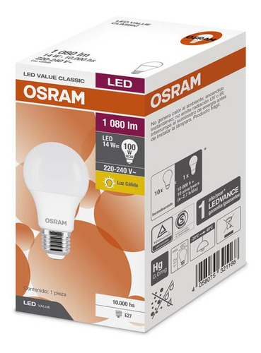 Imagen 3 de 5 de Pack X 10 Lámpara Led Osram 14w Luz Calida E27
