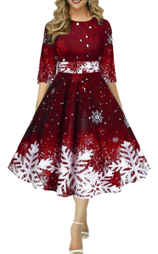 Vestido De Cintura Media Con Estampado Navideño Para Mujer