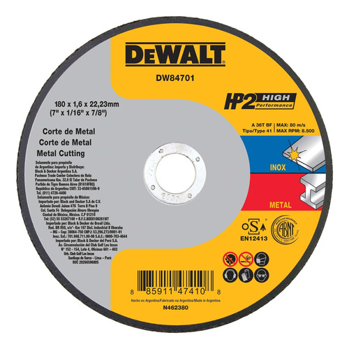 Disco 180mm X 1.6mm Acero Inox Dewalt Dw84701 Corte X 10 Un