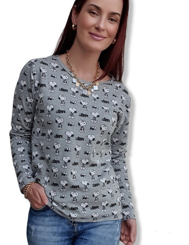 Camiseta Snoopy Manga Longa Algodão Personagem Feminina