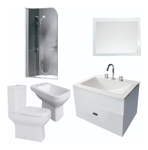 Combo De Baño Inodoro Vanitory 50cm Mampara Bidet Y Espejo