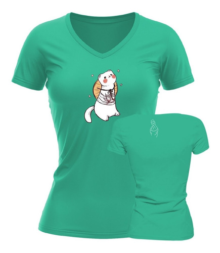 Playera Premium Cuello V Huron Cute Feli Kawai Mujer Corea