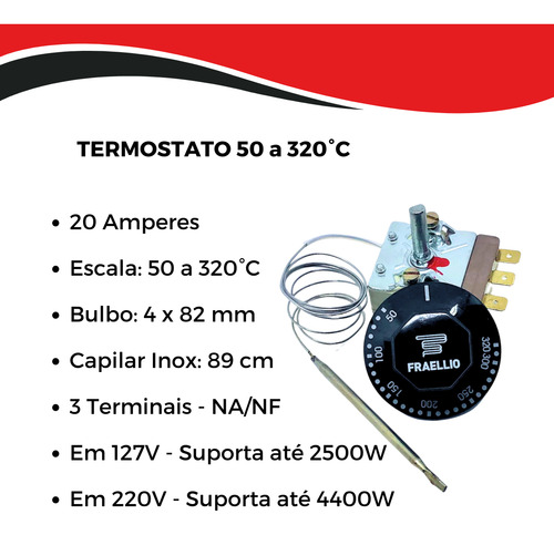 Kit 5 Termostato 50/320ºc Com Botão = 20 Amp Com 3 Pinos