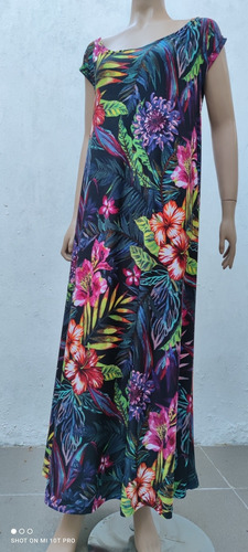 Vestido Largo Seda Fría Estampado Cuello Bote