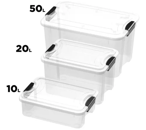 Kit 3 Caixas Organizadoras Plástico Transparente 10L, 20L, 50L Nitron