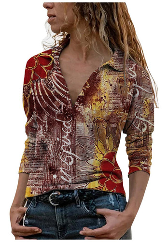 Tops Mujer Estampado Flores Voltear Manga Larga Pullove 6484