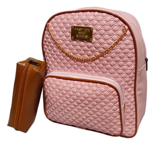 Mochila Feminina Com Corrente Escolar E Passeio Estojo Cor Rosa Bebê Desenho Do Tecido Liso