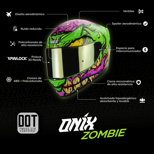 Casco Moto Integral HAX ONIX Monster Verde Rosado Brillante Certificado DOT Talla XL (61-62Cm)