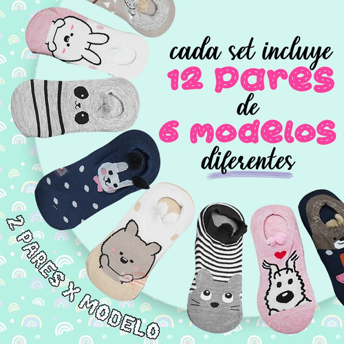 Imagen 4 de 7 de Docena Tin Para Dama Orejitas Kawai Calcetin Variado Mayoreo