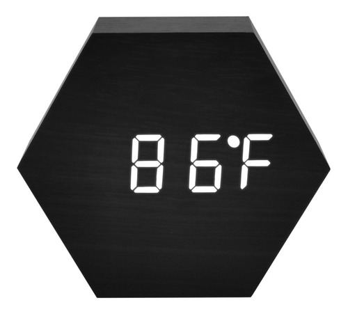 Reloj Despertador Hexágono Negro De Madera Con Led Blanca