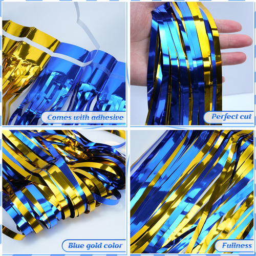 Paquete De Cortinas De Flecos Metálicas Azul Dorado 2x2 Metr Color