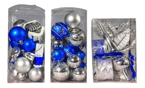 Kit Adornos Navidad Azul Plata 72 Piezas