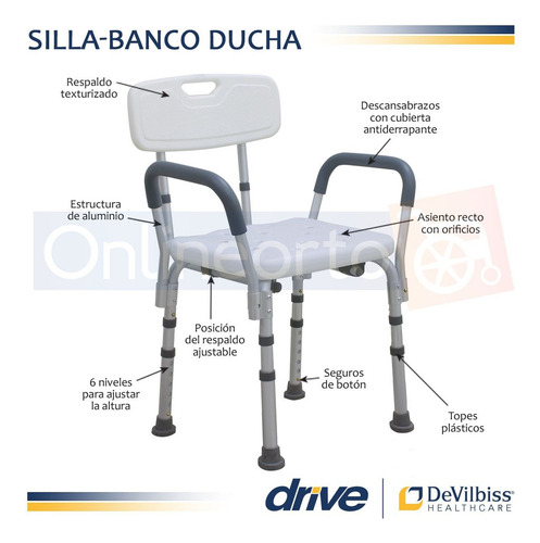 Silla Ducha Brazos Banco Ajustable Respaldo Antiderrapante