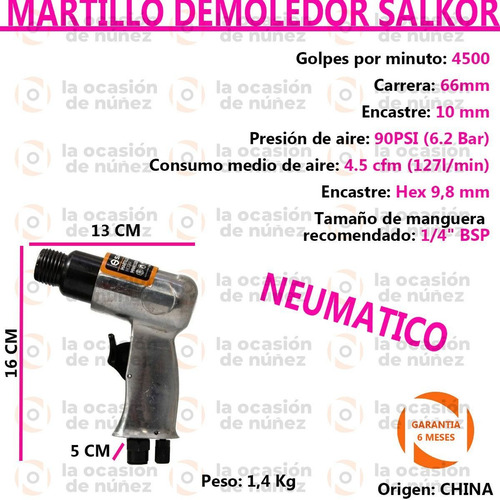 Imagen 2 de 7 de Martillo Demoledor Neumatico 150mm Salkor Con Cinceles