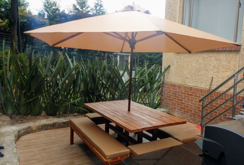 Comedor 8 Puestos, Parasol En Madera Teca Y Lona Americana