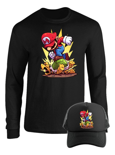 Mario Bros Cupa Camiseta Manga Larga Camibuso Gorra Combo