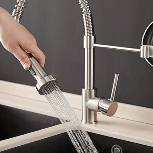 Llave Monomando Lavaplatos Flexible Griferia Cocina Acabado Brillante Color Plateado