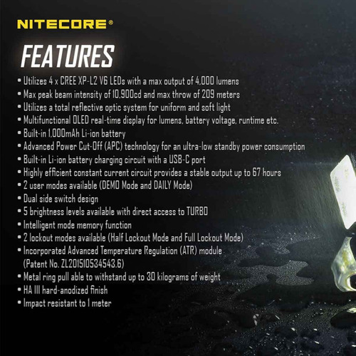 Linterna De Llavero Portátil Nitecore T4k De 4000 Lúmenes