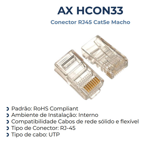 Kit 100 Conector Rj45 Utp Cat5e Banho De Ouro Cabo De Rede Até 1 Gigabit 100mhz