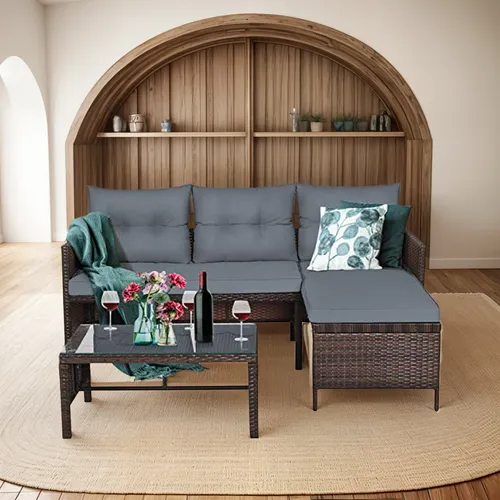 Set De Sofás Patio 3 Piezas Rattan Wicker Con Mesa Y Cojines