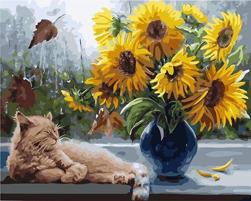 Cuadros Para Pintar Con Números Girasol  Gato Durmiente 