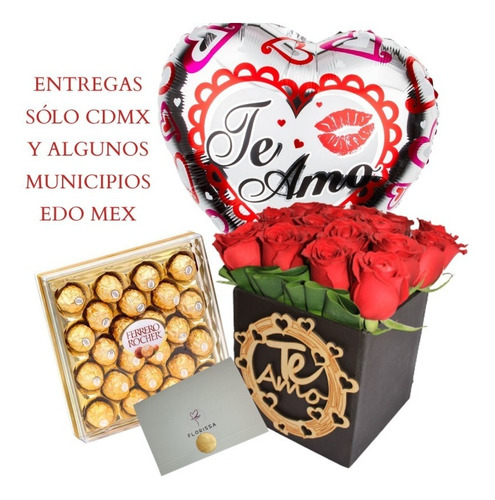 Imagen 1 de 6 de Arreglos Florales Flores Cajita Te Amo + Ferrero24pz + Globo