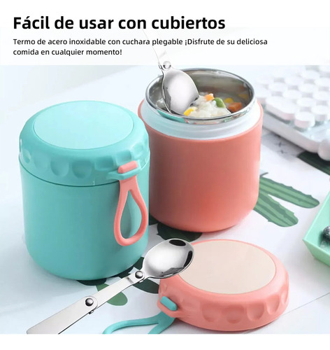 Doremama 2pz Termo De Acero Inoxidable Exterior Portátil + 4 Cucharas, Acero Inoxidable Con Botella Aislada Para Alimentos Calientes Rosa Y Verde