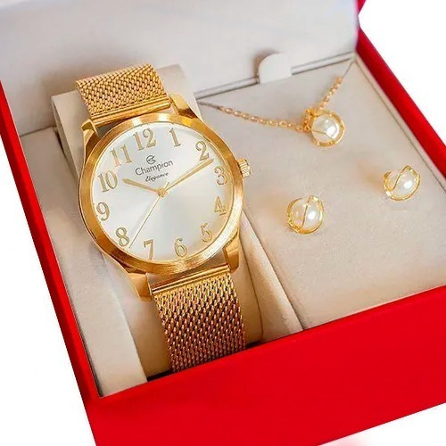 Relógio Champion Feminino Dourado Cn26215w + Colar E Brincos