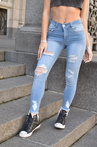 Pantalón Mujer Anyver Jeans Denim Skinny Celeste Rotura