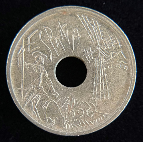 España, 25 Pesetas, 1996. Juan Carlos I. Mancha Don Quijote