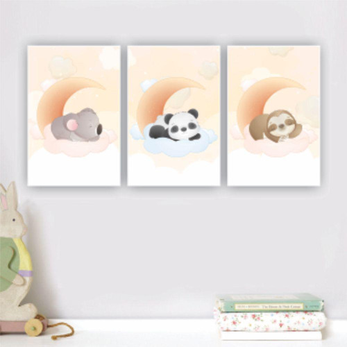 Kit Quadros 3 Pçs Infantil Safari Koala, Panda E Preguiça