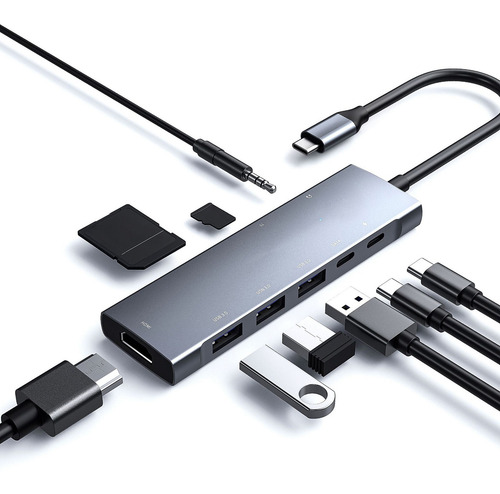 Adaptador De Hub Universal 9 Em 1 Tipo C Com Leitor De