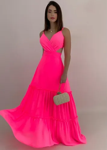 Vestido Feminino Longo Neon Elegante Com Ancinhas Moda Festa