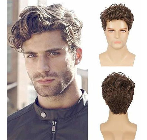 Peluca - Swiking Mens Brown Short Curly Wig Fluffy Synthetic