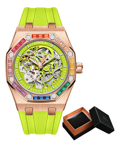 Relógios mecânicos Onola Fashion Hollow Out, cor da moldura: rosa/verde