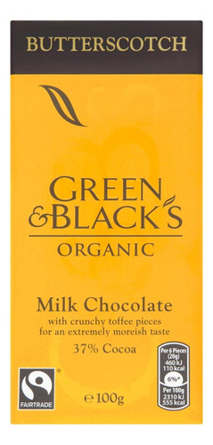 Barra De Chocolate Con Leche Orgánica Butterscotch 100 G 5 U