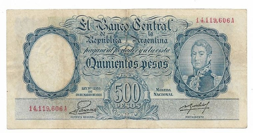 Billete Arg. 500 Pesos Moneda Nacional Bot. 2097 Num. Rojos