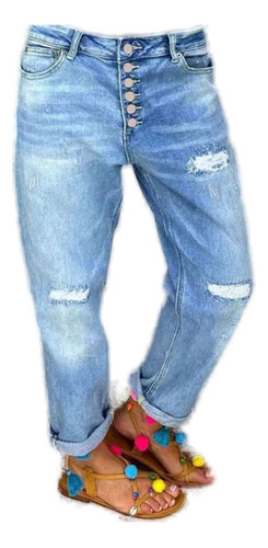 Pantalones Casuales Rectos Holgados De Blue Ripped Jeans En